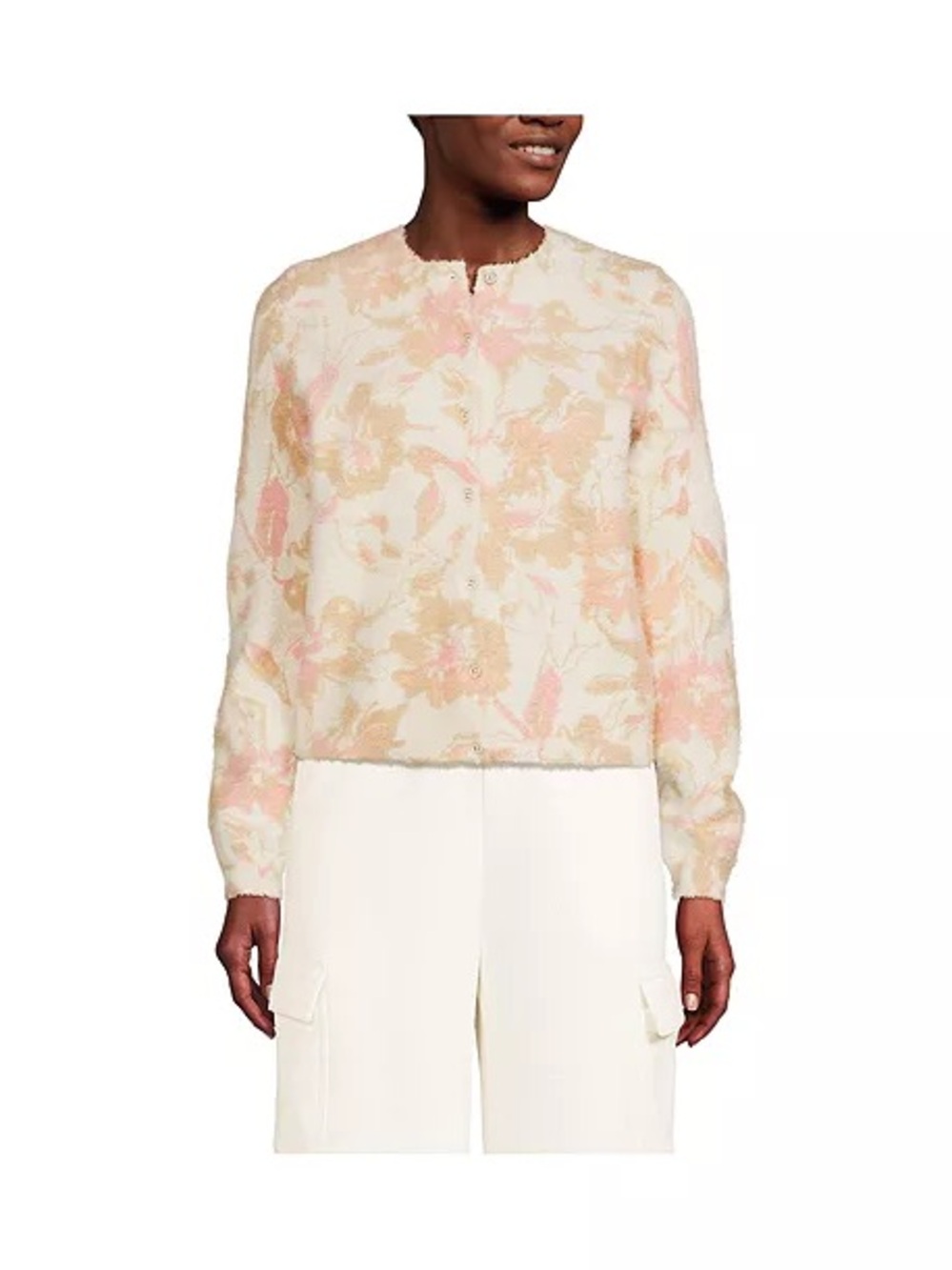 LANDS’ END | Fine Gauge Eyelash Cardigan Printed Sweater Ivory and Blush Floral